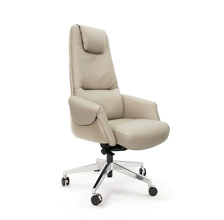 AR-C107A-H Кресло кожа+экокожа,крест.полированный алюминий обивка светло-серый PW906/K61-1