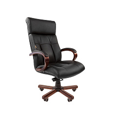 421 Chairman Кресло кожа+к/з, крест.дерево обивка черный black, каркас темный орех 6082595